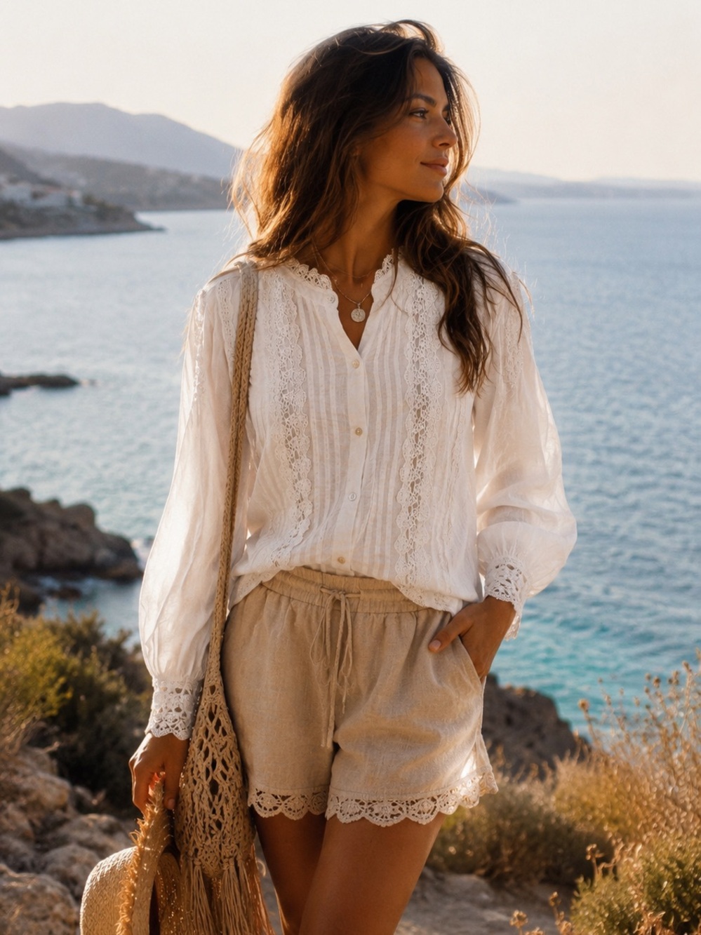 Women's Lace-Trim White Cotton Shirt
